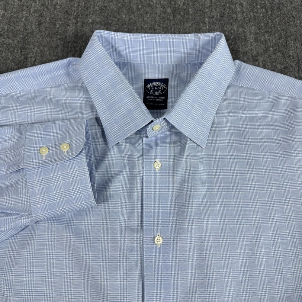 Brooks Brothers Men's 19 34/35 Blue Plaid Non-Iron Stretch Supima Cotton Shirt